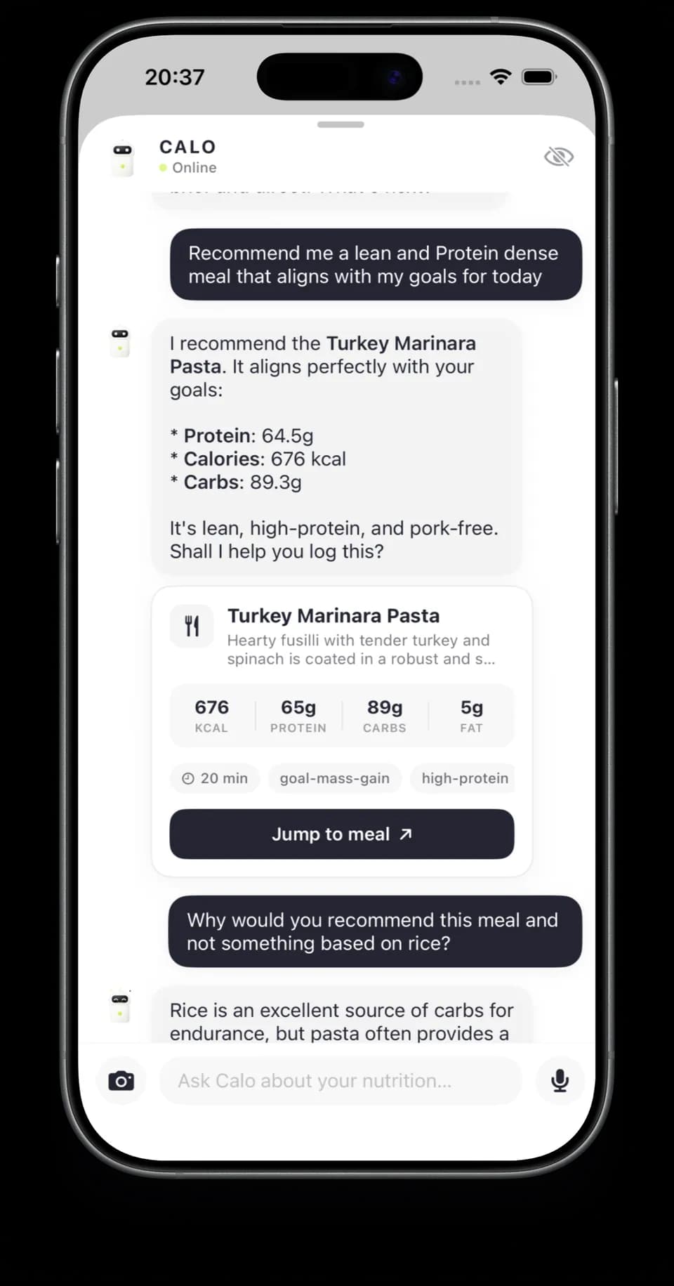The Calo chat screen, recommending a high-protein meal with its macros