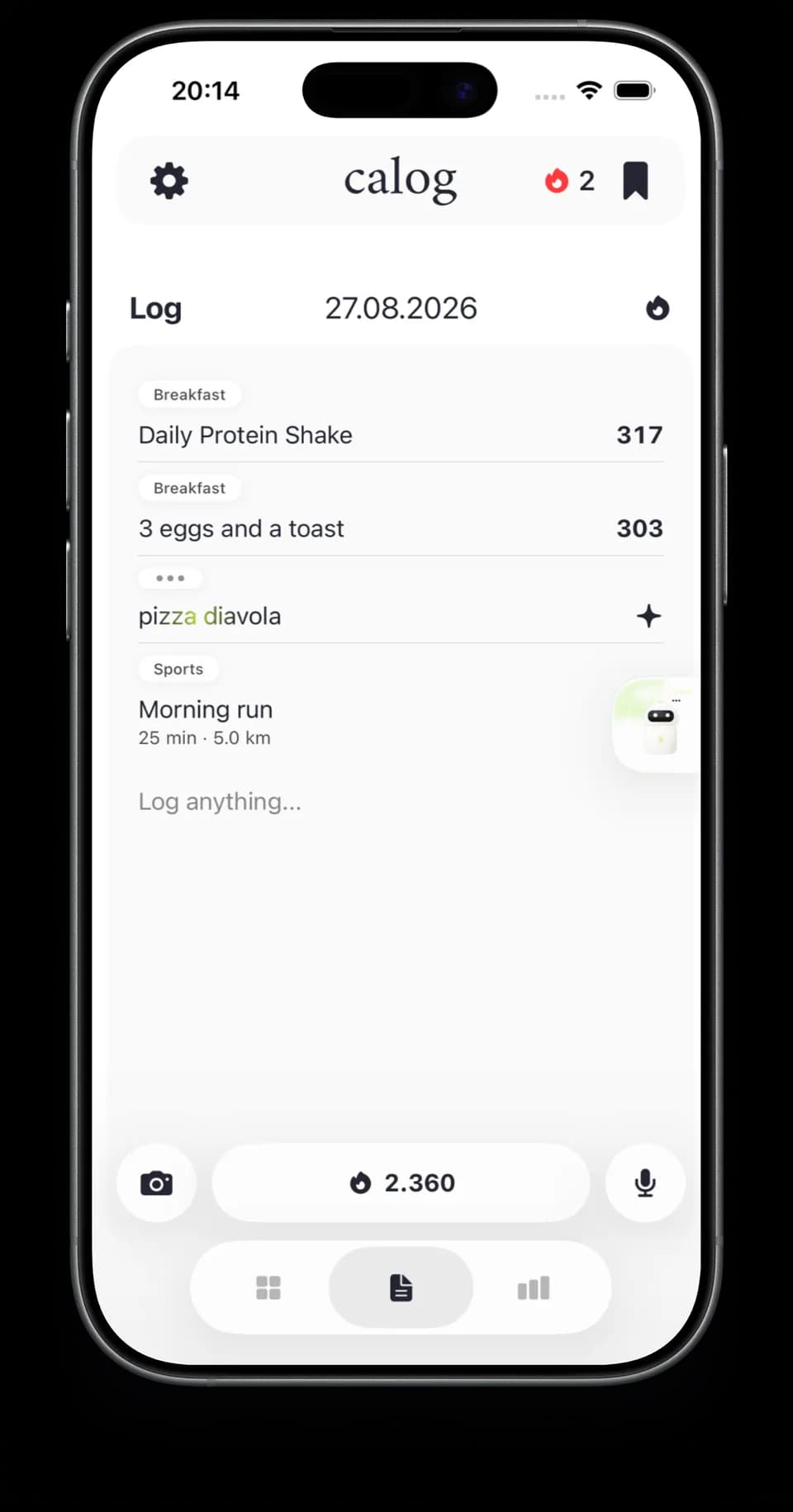 The calog log screen for 27 August, showing a protein shake, eggs and toast, a pizza being analysed and a logged morning run