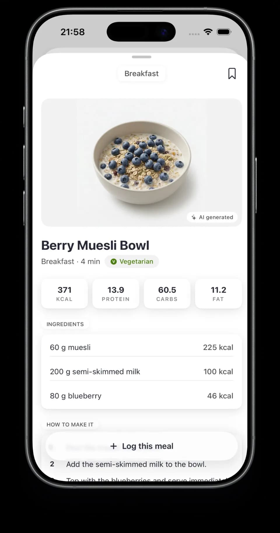 The calog meal detail screen for a Berry Muesli Bowl, showing calories, macros and ingredients